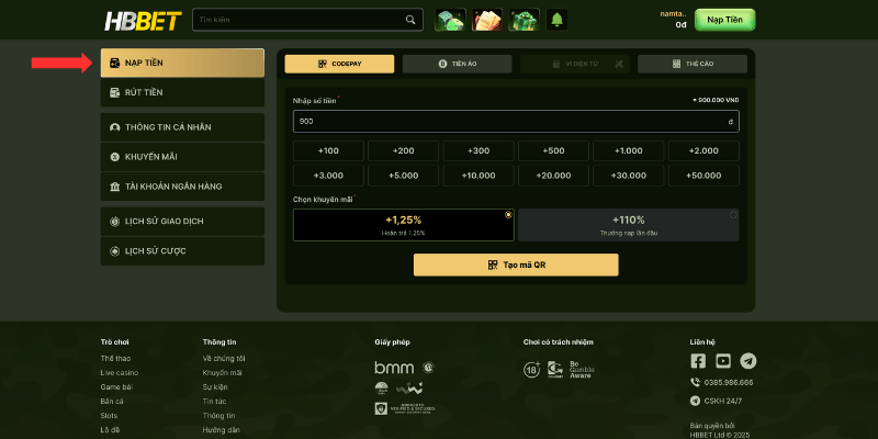 Các phương thức nạp tiền tại Hbbet