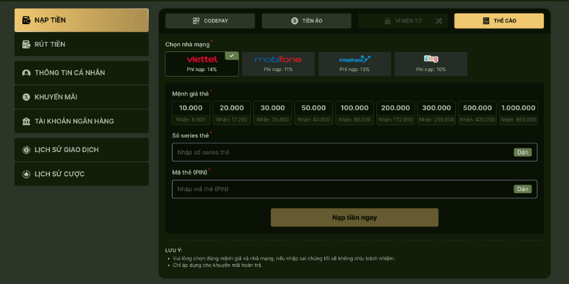 Hướng Dẫn Rút Tiền Phương Thức Thẻ Cào