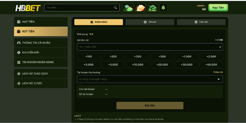 Rút tiền qua tài khoản ngân hàng sau khi đã liên kết
