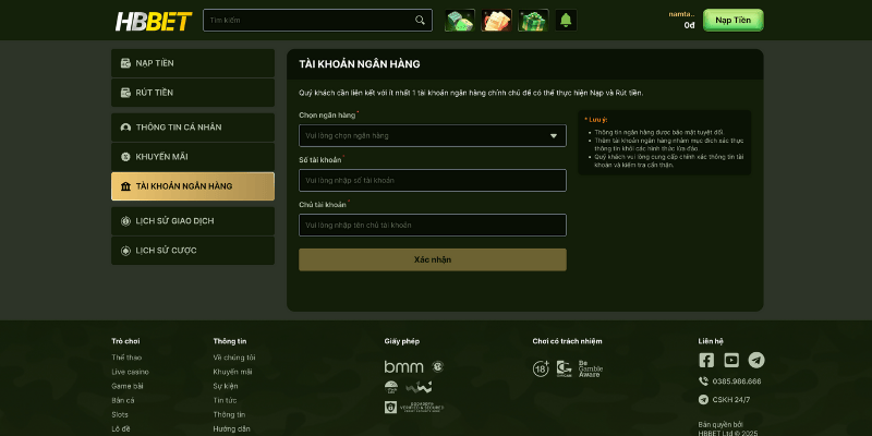 Liên kết tài khoản ngân hàng để rút tiền tài khoản hbbet